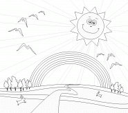Landscape with rainbow and cute smiling sun - coloring page n° 121