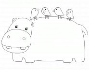 Cute purple hippo with yellow birds - coloring page n° 134