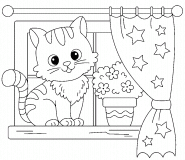 Cute Tabby Cat Sitting on the Windowsill - coloring page n° 1538