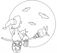 witch sitting on broom on full moon background - coloring page n° 173