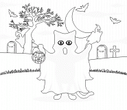 Black Cat dressed as a Ghost for Halloween - coloring page n° 216