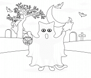 Black Cat dressed as a Ghost for Halloween - coloring page n° 216