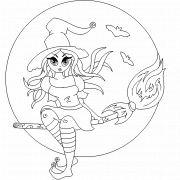 Witch on broom opposite the moon - coloring page n° 219