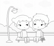Young girl and boy on a public bench - coloring page n° 251