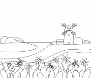 Rural background with windmill - coloring page n° 310