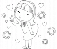 Little girl in pink dress wanting to kiss a frog - coloring page n° 347