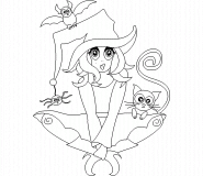 Cute sitting witch with cat, bat and spider - coloring page n° 352