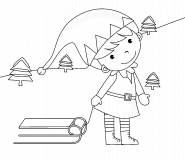 Little Elf pulling His Sled - coloring page n° 416