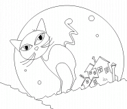 Black Cat on a Roof against a Full Moon   - coloring page n° 509