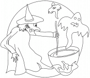 Witch is practising witchcraft with ghosts - coloring page n° 512