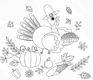 Turkey with an Apple, Leaves, Corn, Pumpkin - coloring page n° 673
