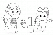 Kids playing on the beach with sand - coloring page n° 936