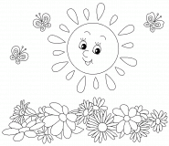 Smiling sun with Flowers and Butterflies - coloring page n° 957